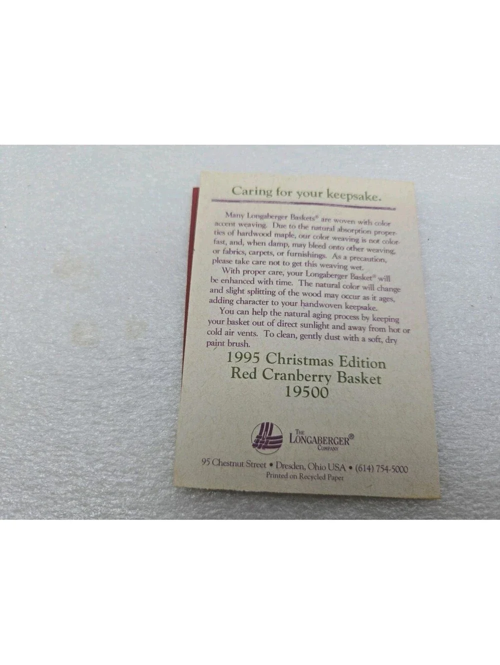 Longaberger Christmas Collection 1995 Edition Cranberry Basket w Liners